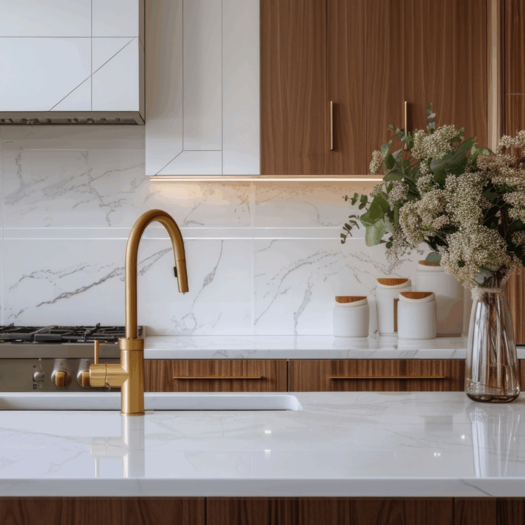 cuisine-moderne-marbre-robinetterie-or